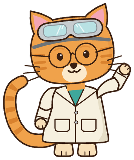 A ginger cat in a white lab coat, round glasses on and safety goggles pushed up, waving.