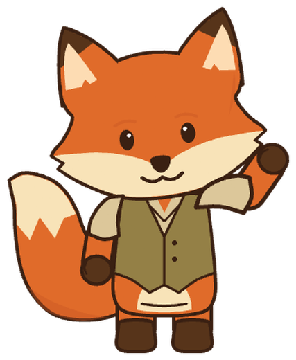 Fiona, an orange fox in a green waistcoat, waving.