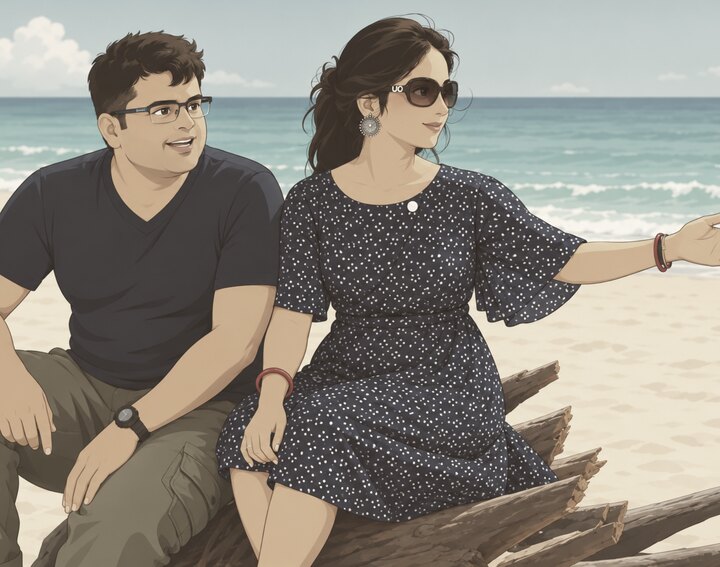 Rupa and Anand, the founders, sitting together on driftwood at the beach.