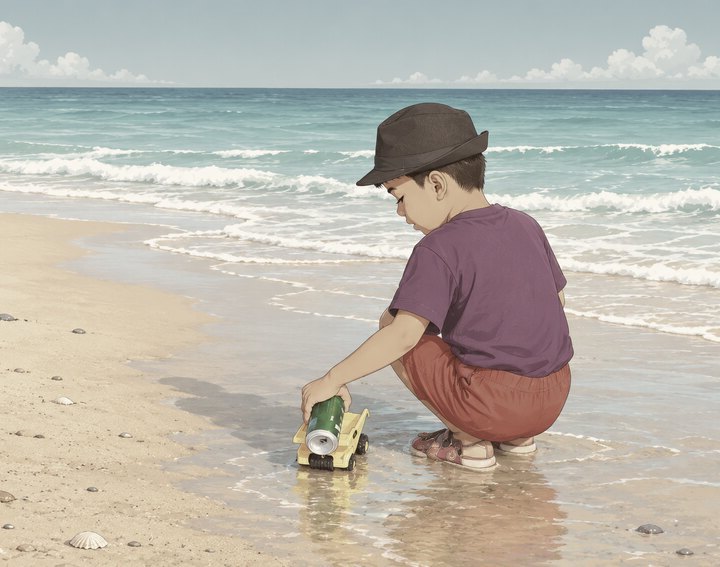 Our son crouched at the water's edge, playing with a toy truck in the wet sand.