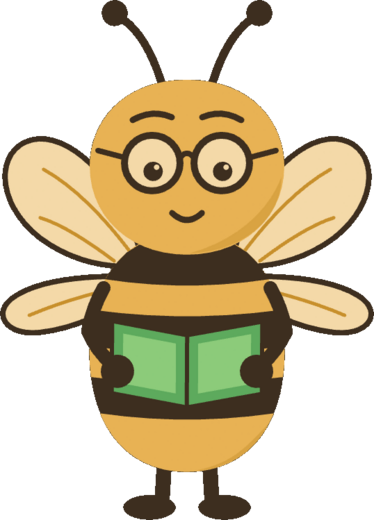 Madhu, a round yellow-and-brown bee with glasses, holding an open green book.