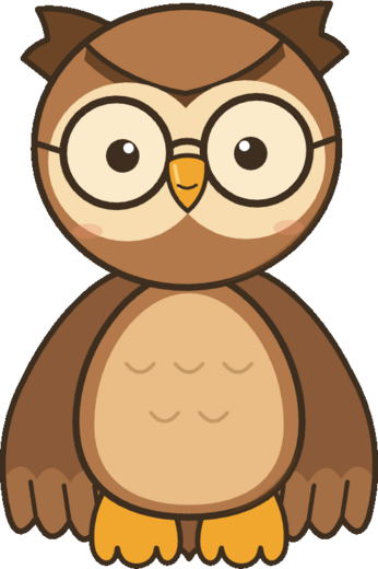 Tara, a brown owl with round glasses and a cream front, standing and looking at you.